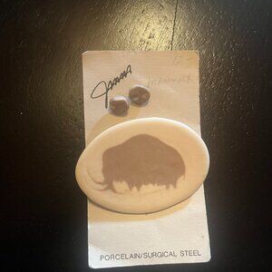 Vintage Ceramic Brooch with Mammoth or Buffalo Earring Set